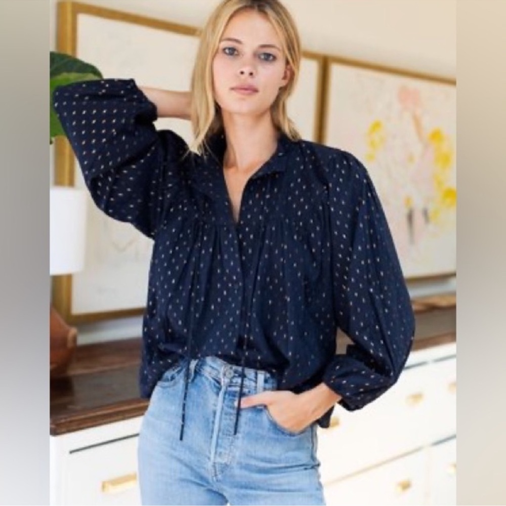 EMERSON FRY India Collection Emmaline Maritime Gold Dot Lurex Top Blouse small